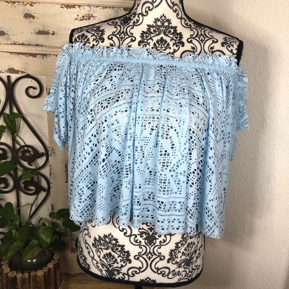 Shyanne Tops - Shyanne baby blue mesh off shoulder crop top